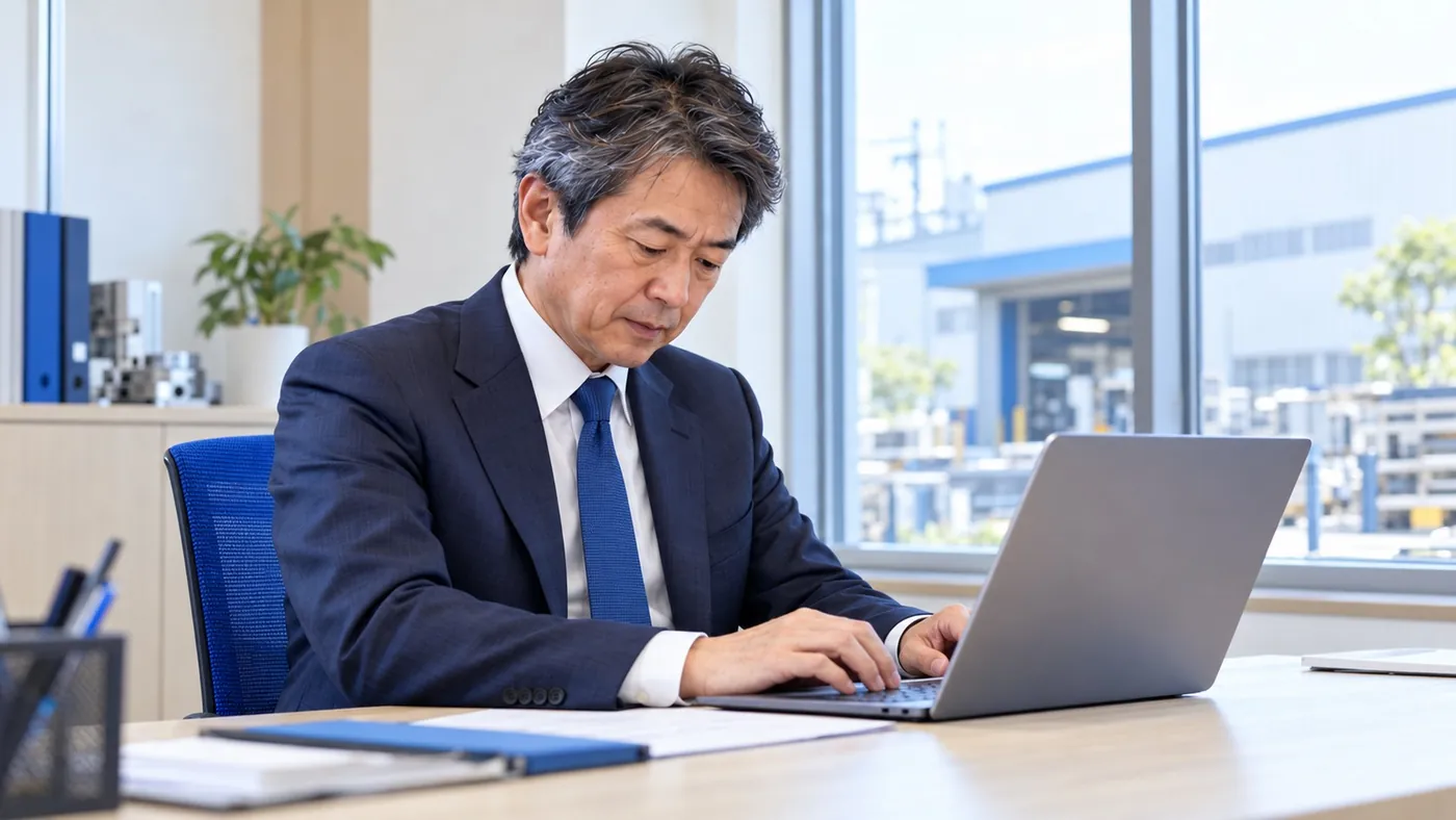 社長室でAIの答えを確かめる佐藤社長