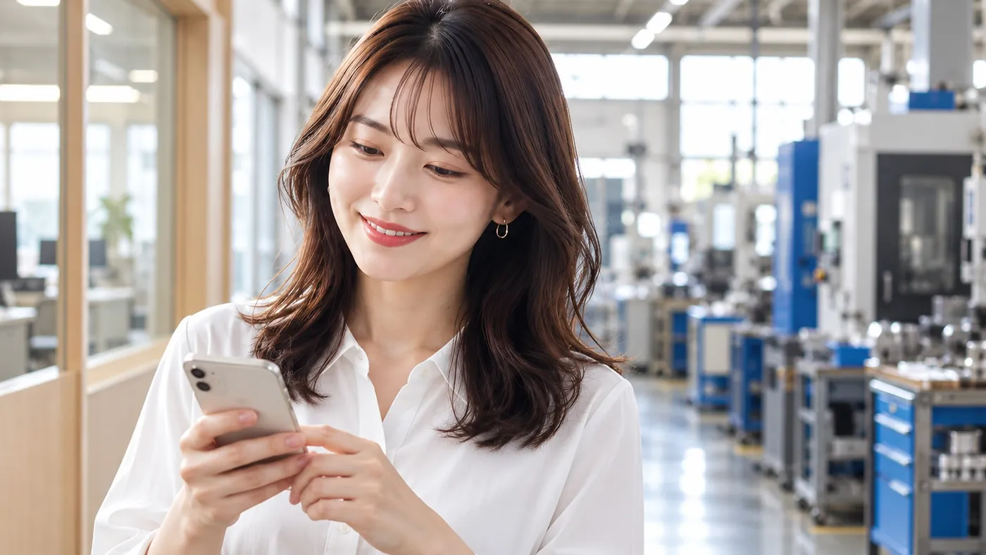 工場でスマホの返事を読む伊藤さん