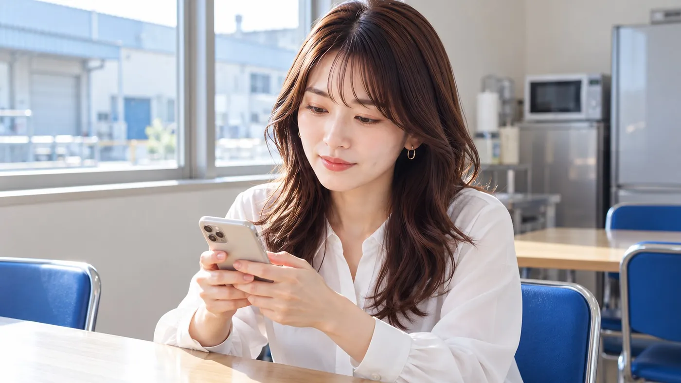 休憩スペースでひとりスマホに打ち込む伊藤さん