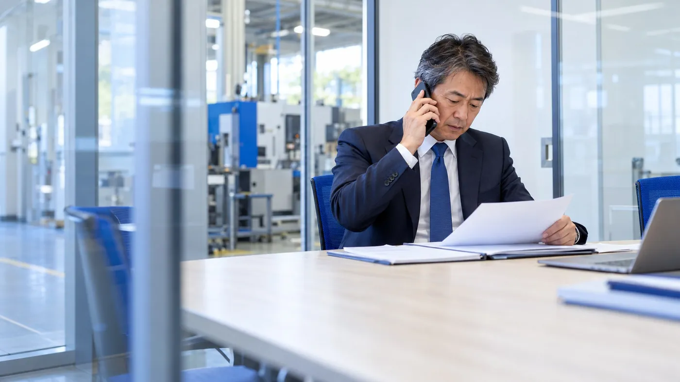 会議室で電話をしながら書類を見る社長
