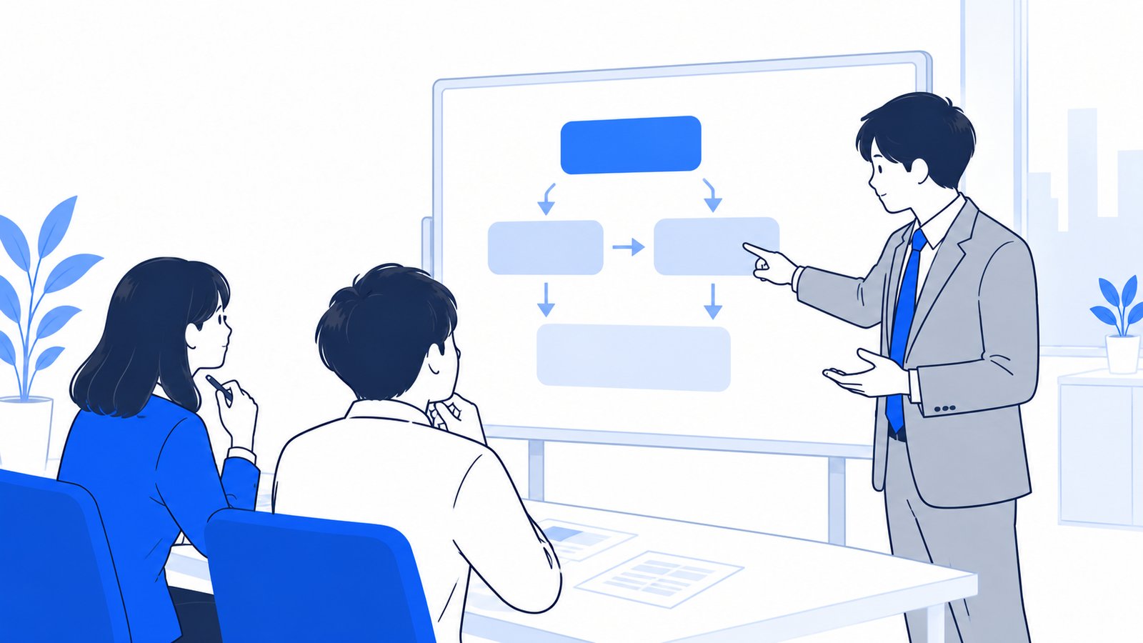 ホワイトボードに業務の流れを書き出して、担当者に説明しているコンサルタント