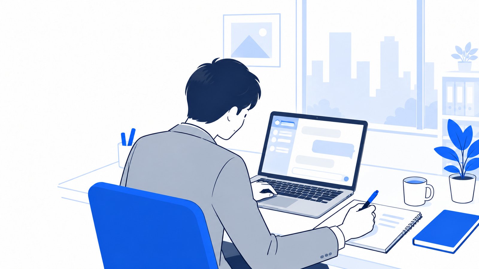 ノートPCで生成AIの画面を試しながら、手元のメモに気づいたことを書き込む会社員