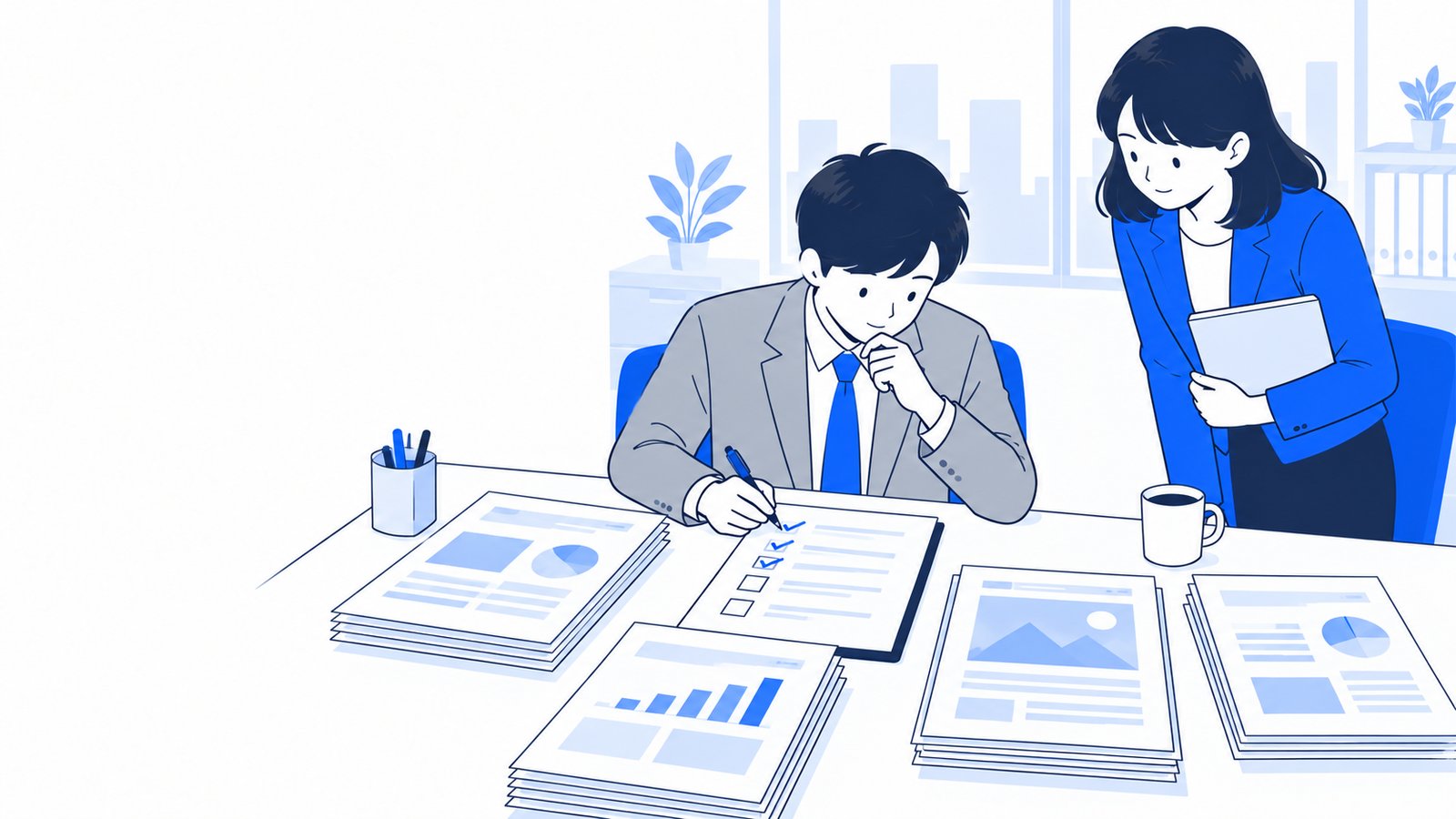 複数社の提案書を机に並べ、確認項目にチェックを入れている担当者