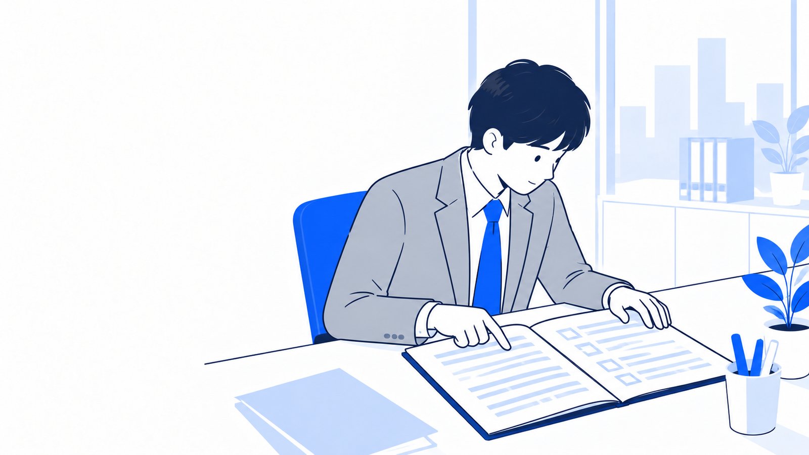 契約書を机に広げ、条文を指でたどりながら内容を確認している会社員
