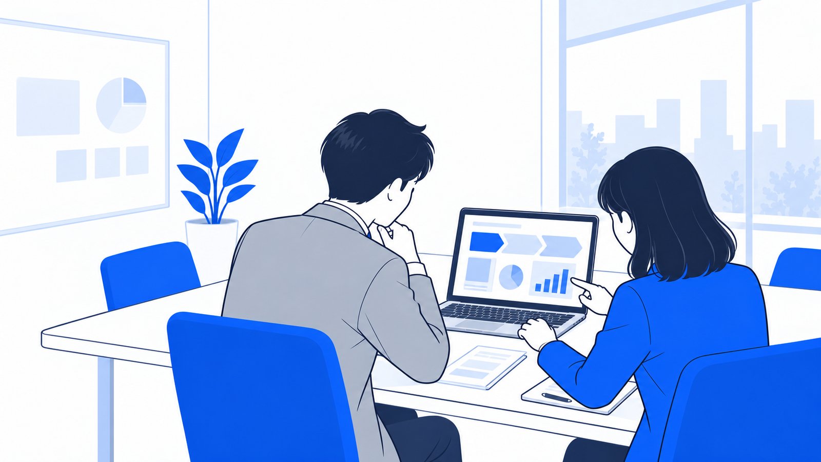 会議室でノートPCを開き、支援担当者と業務の進め方を話し合っている会社員