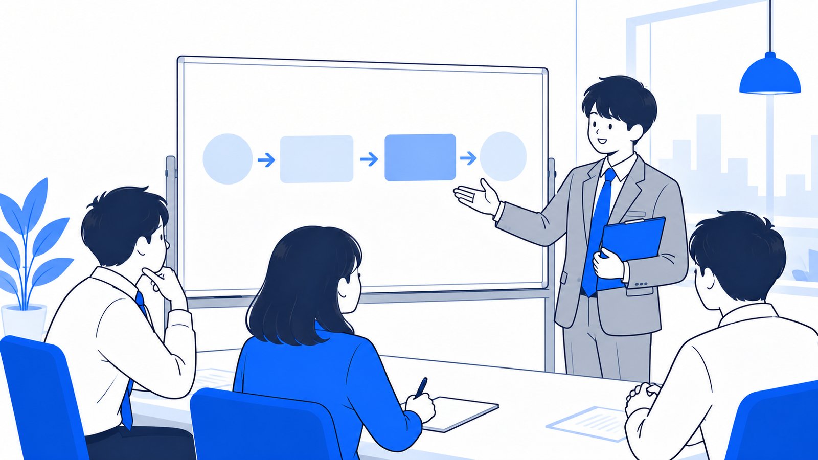 ホワイトボードに導入の流れを書き出して、会社員に説明している支援担当者