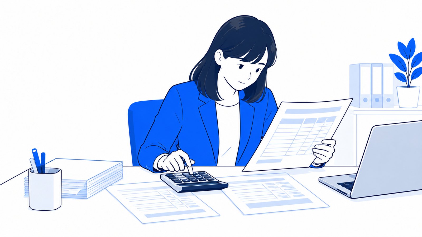 見積書と電卓を前に、金額の内訳を確認している経理担当者