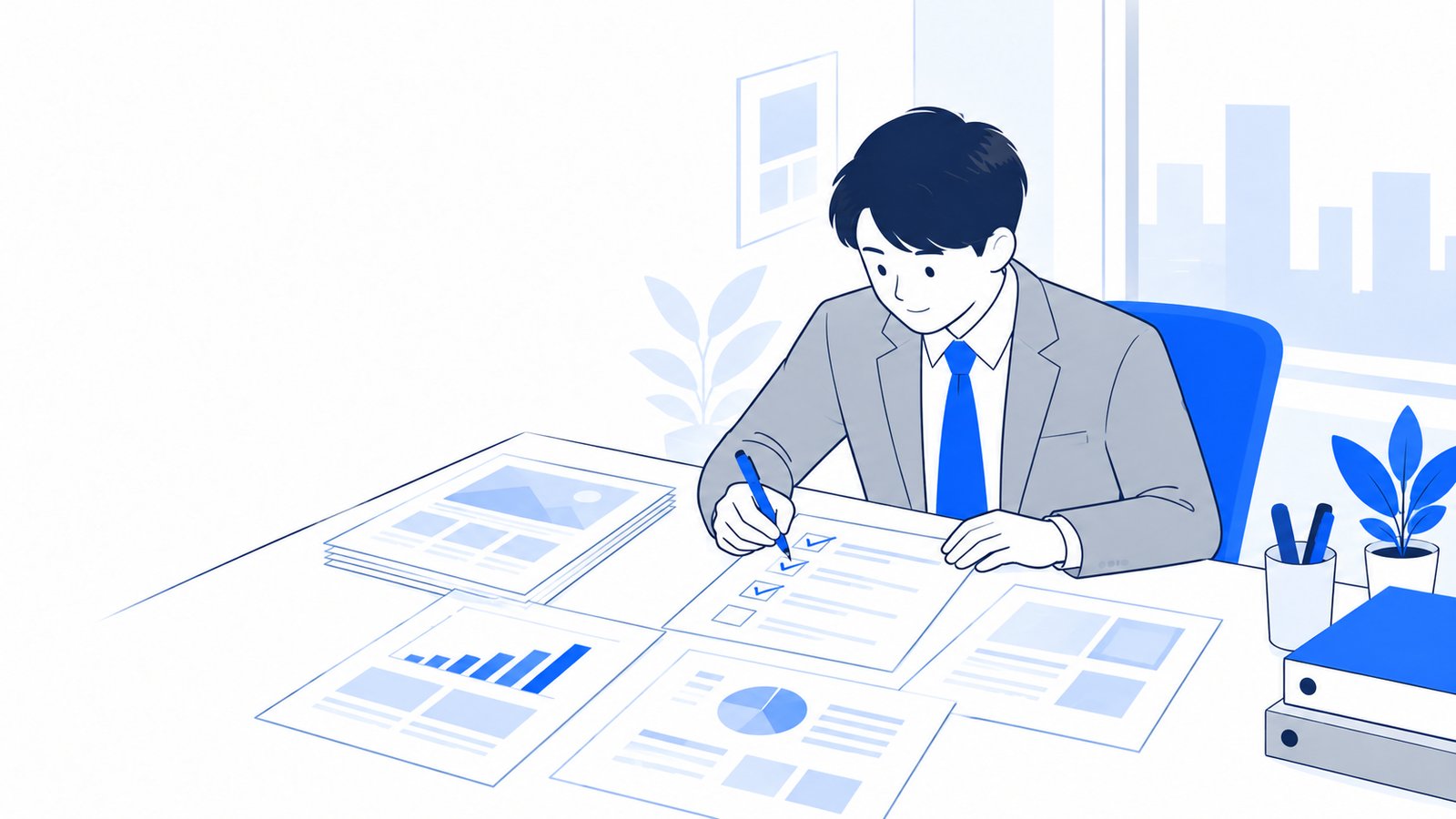 提案書を机に並べ、確認項目にチェックを入れている担当者