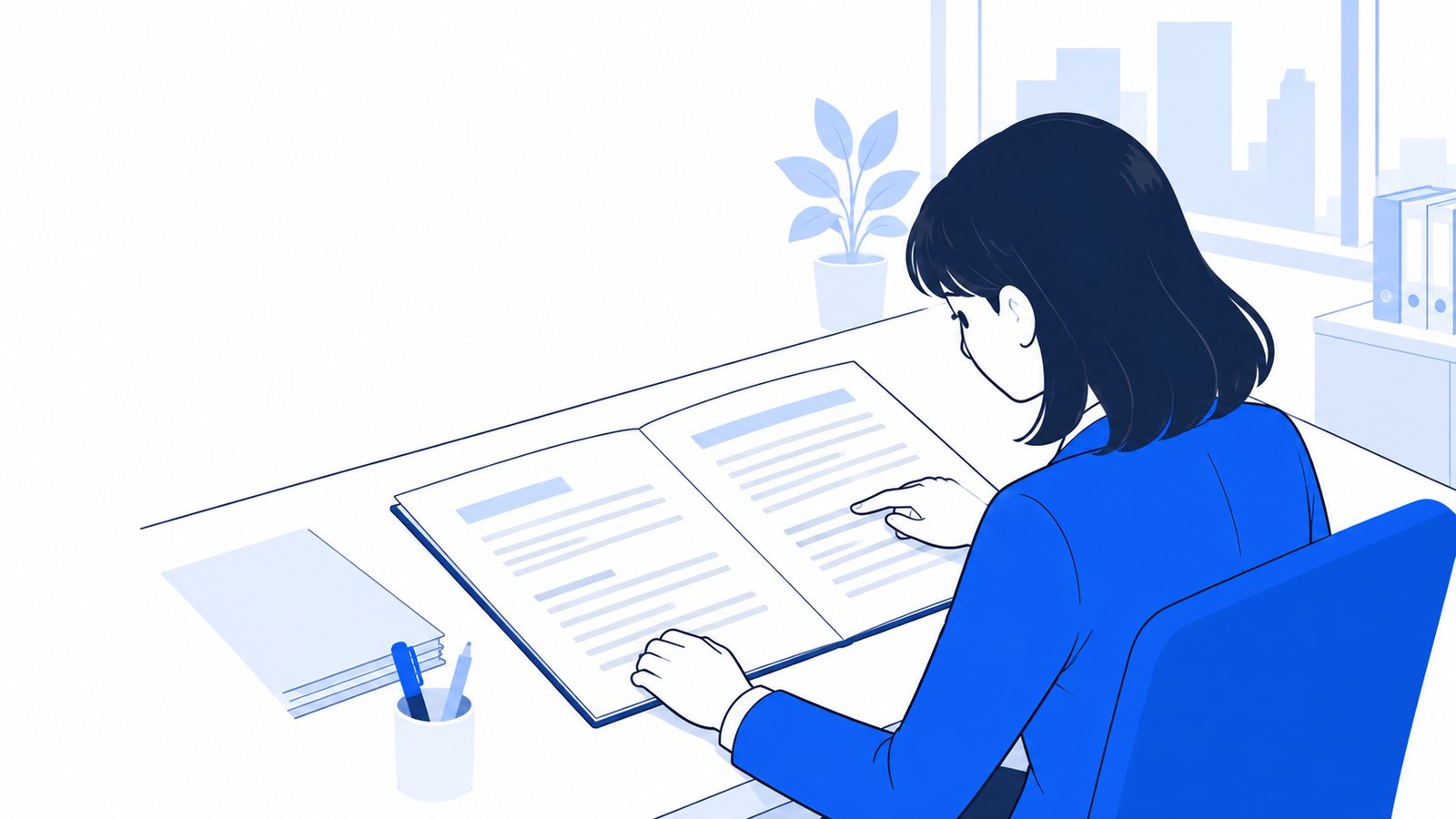 契約書を机に広げ、条文を指でたどりながら内容を確認している会社員