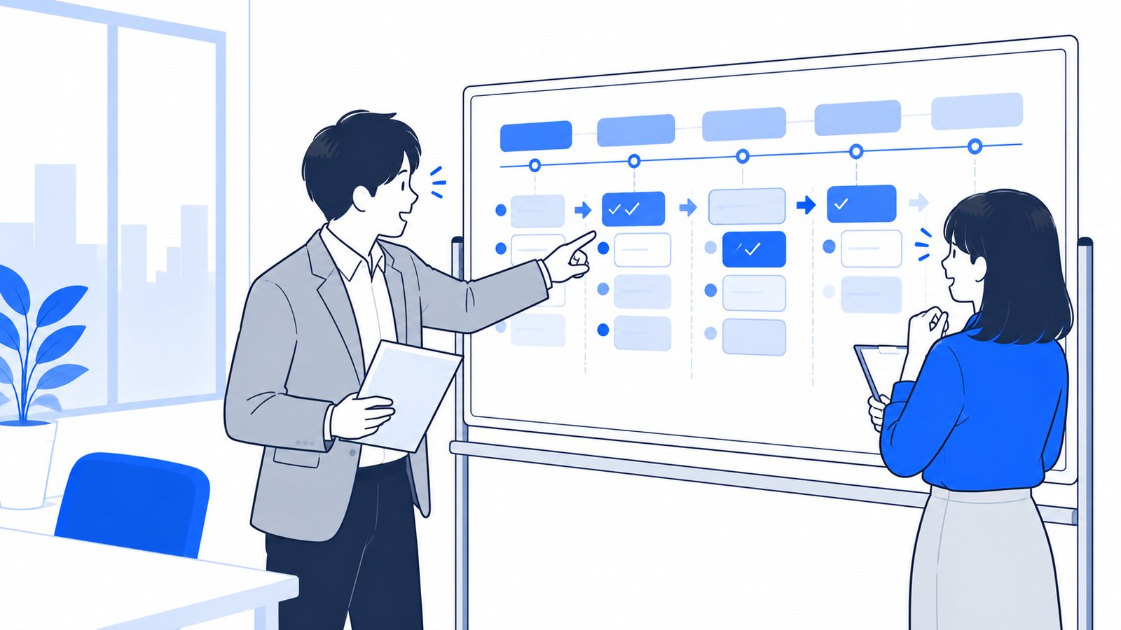 ホワイトボードに1か月の予定を書き出して、経営者と担当者が試す順番を確認している
