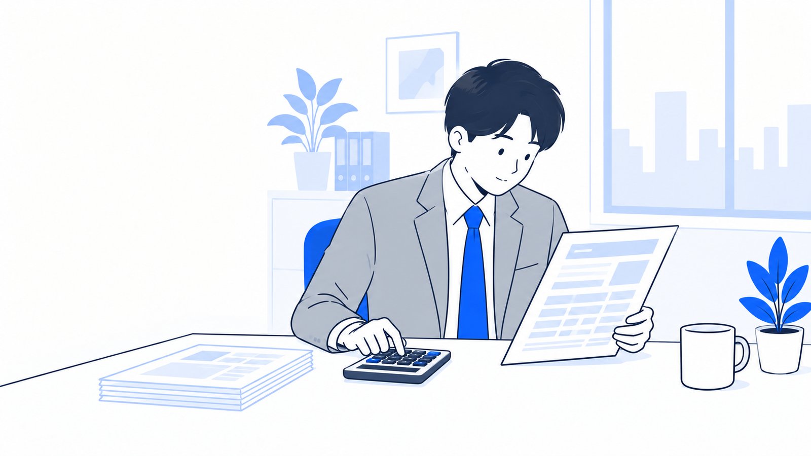 電卓と見積書を前に、経営者が毎月の費用を確認している