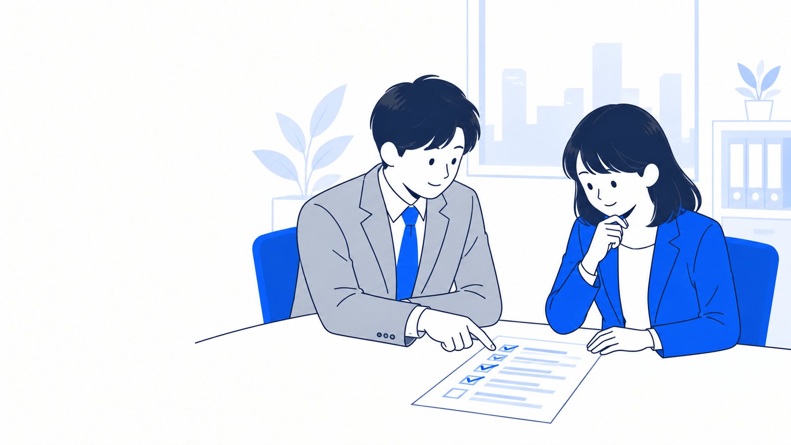 経営者と担当者が、A4の用紙に書かれたルールを一緒に確認している