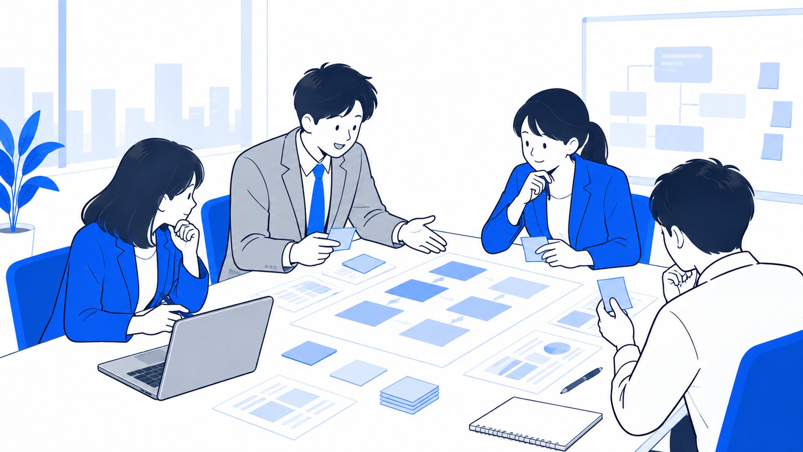 会議室のテーブルに資料と付箋を並べて、導入の進め方を整理する担当者たち