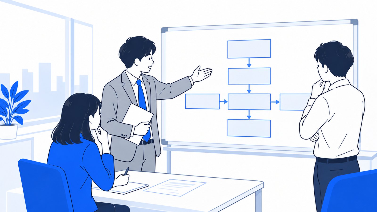 ホワイトボードに矢印でつないだ四角を描き、作業の流れを同僚と確認するチーム