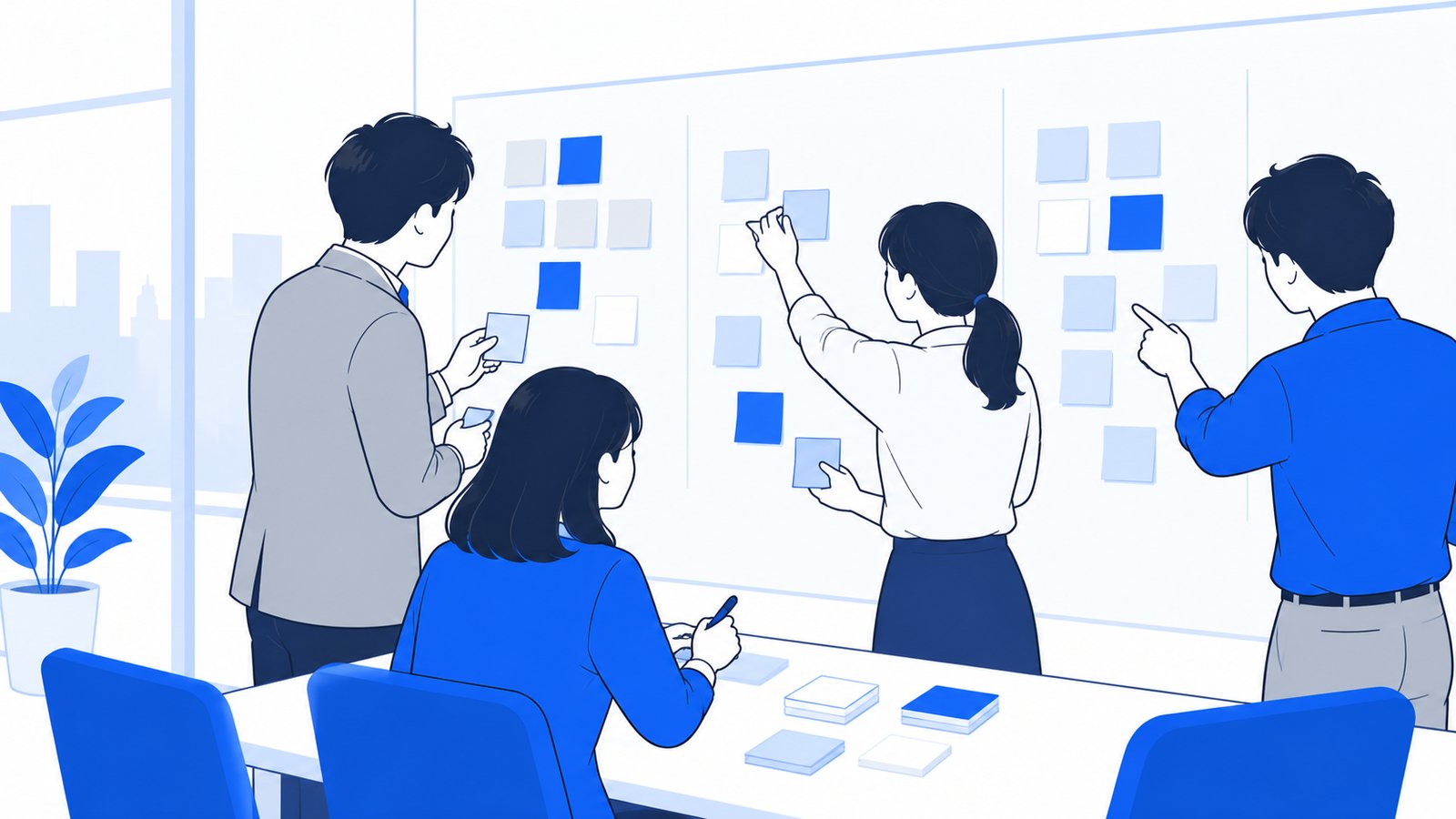 うまくいかなかった点を付箋に書き出して、会議室の壁に貼って整理するチーム