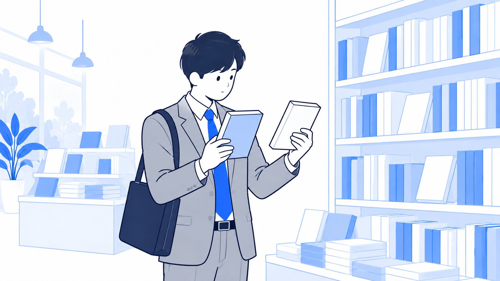 書店の棚の前で、手に取った2冊の本の裏表紙を見比べる会社員