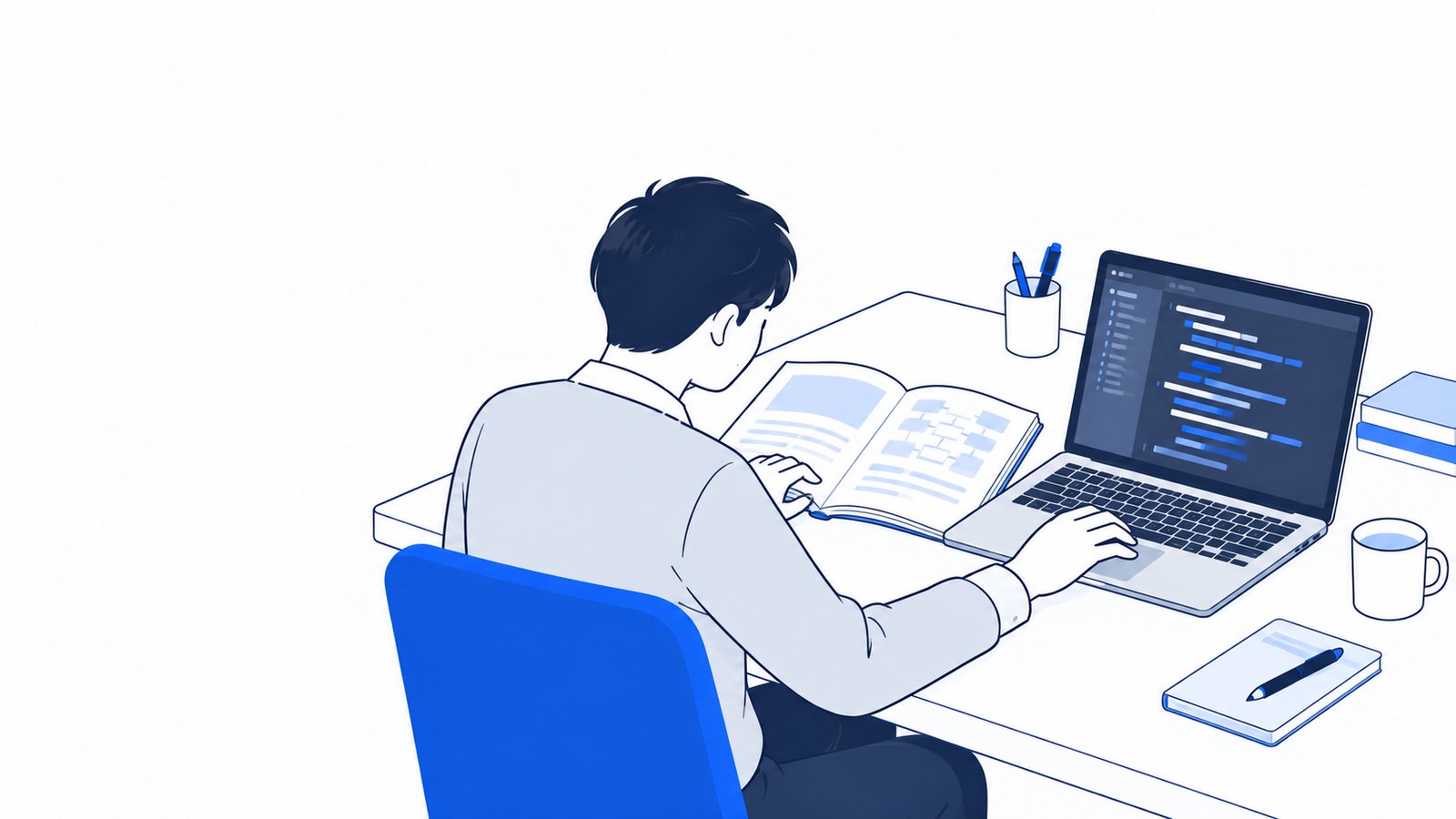 机で本を開きながら、横に置いたノートPCでコードを確かめているエンジニア