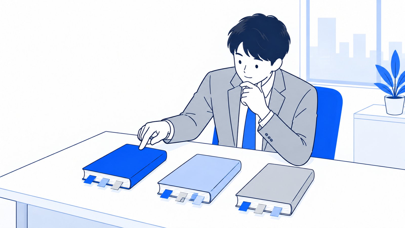 付箋の貼られた3冊の本を机に並べて、読む順番を決めている会社員