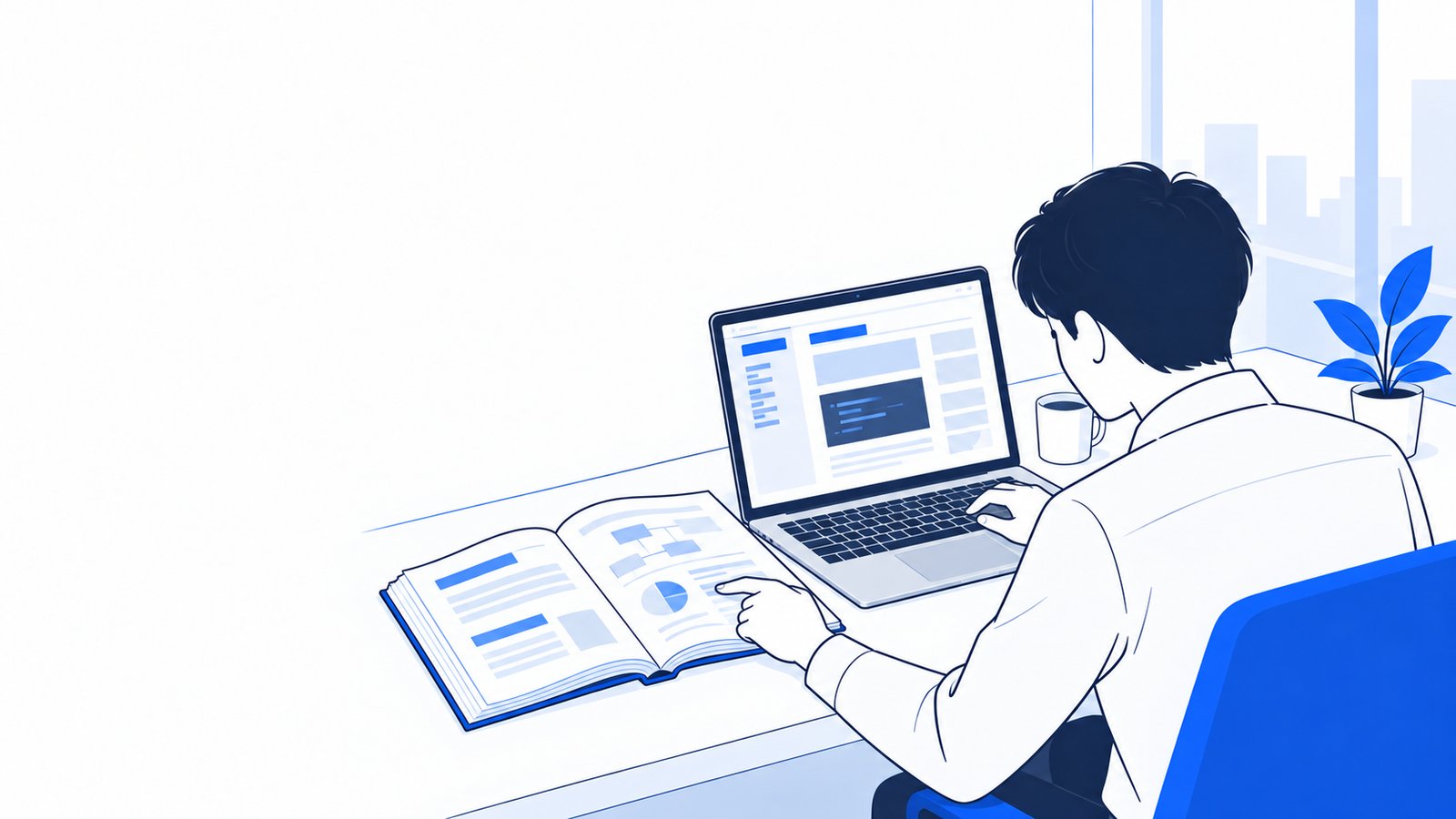 机の上の本と、ノートPCに開いた公式ドキュメントのページを見比べる担当者