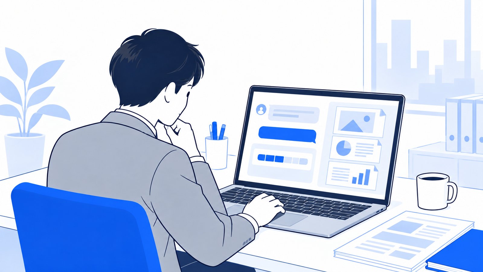 ノートPCでChatGPTに資料づくりを頼み、進み具合を確認する会社員