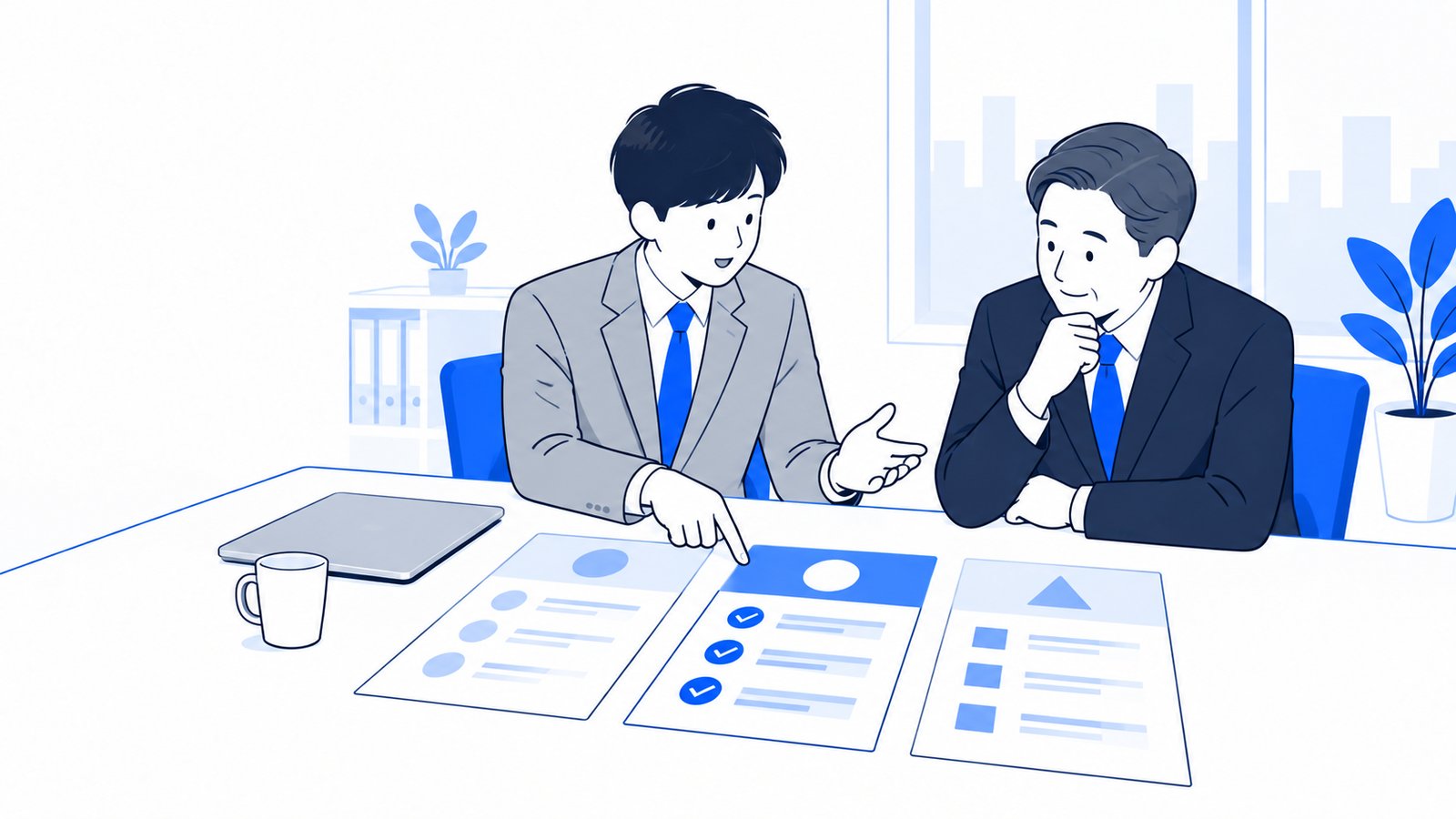 複数の料金プランのカードを見比べながら相談する経営者と担当者
