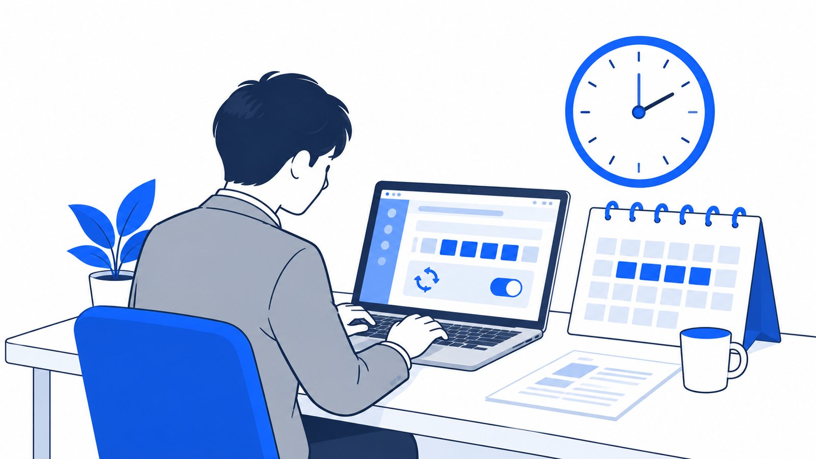 カレンダーと時計の横で、毎週の報告の設定をPCで確認する会社員