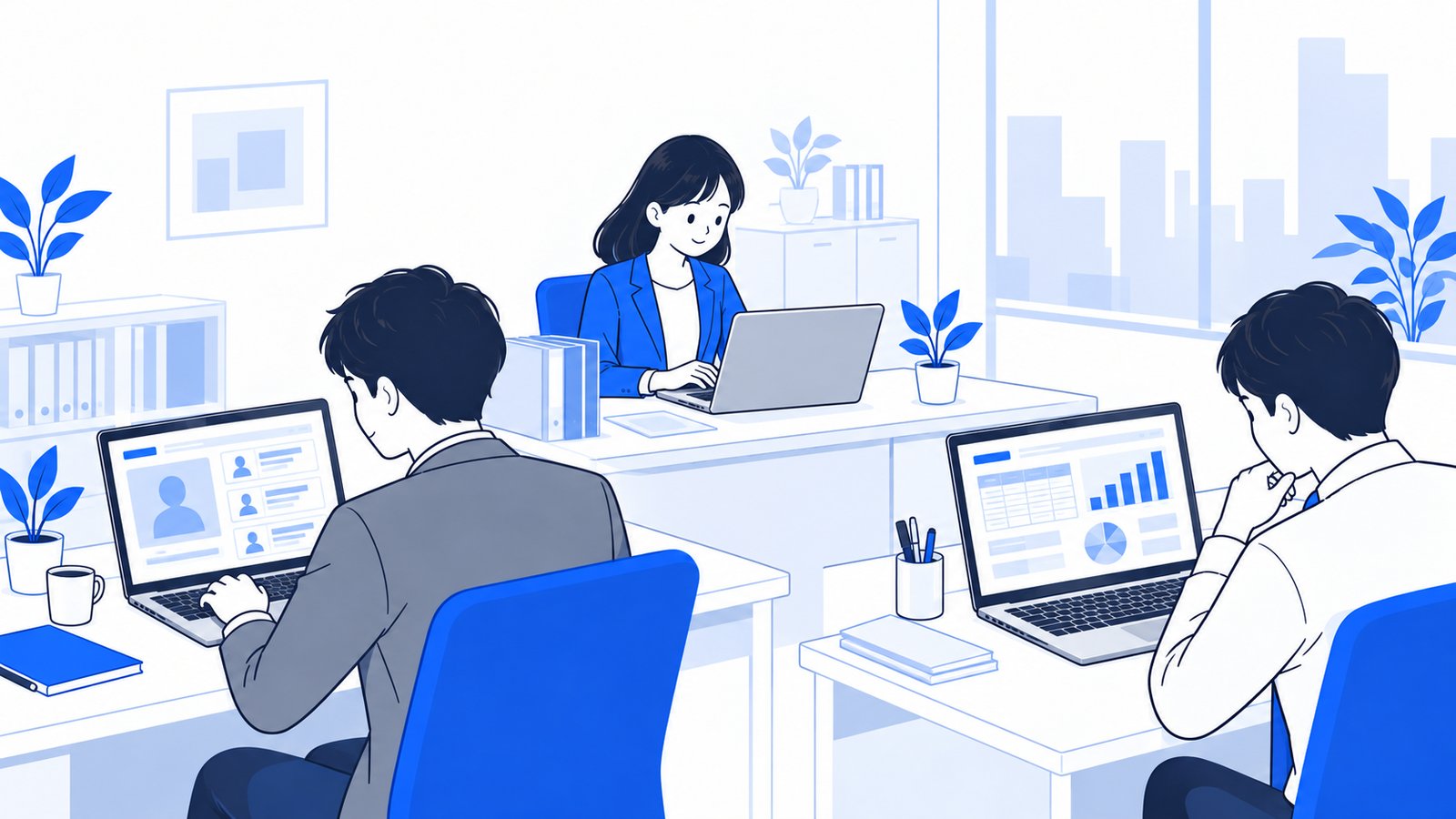 営業・経理・総務の会社員がそれぞれのPCでChatGPTの結果を確認している様子