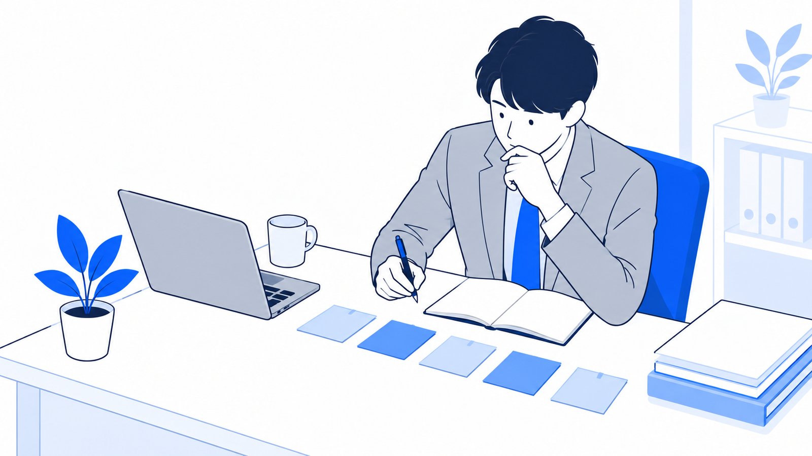 机の上に並べた付箋を見ながら、比べる項目をノートに書き出す会社員