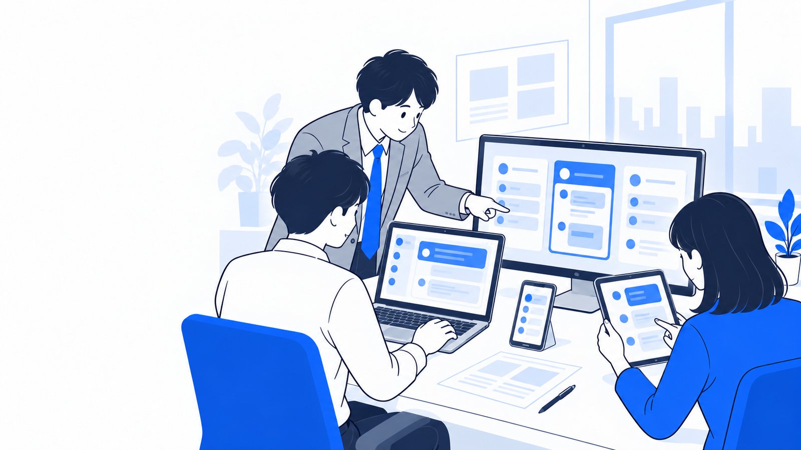 複数のCopilotの画面を見比べて整理している会社員