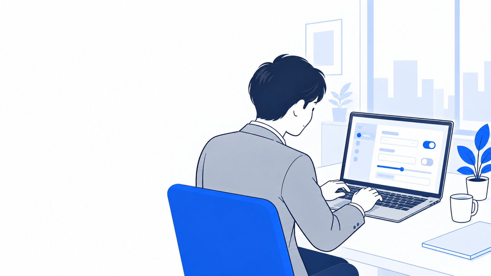ノートPCで自分用のエージェントの設定を入力している会社員