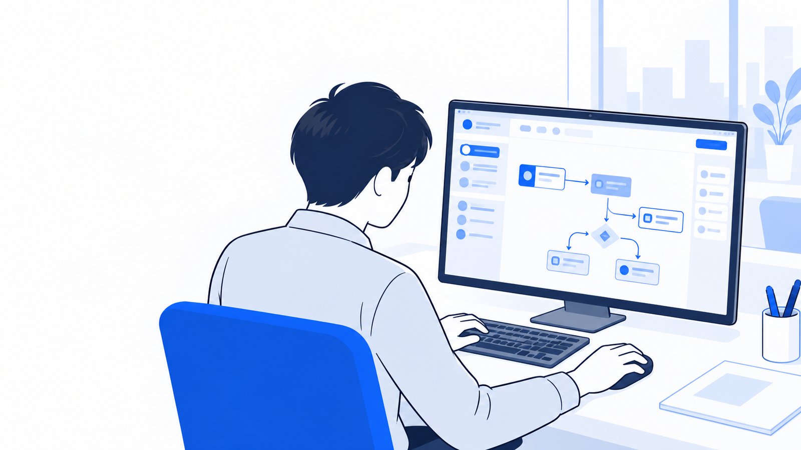Copilot Studioの画面で業務の流れを組み立てている担当者
