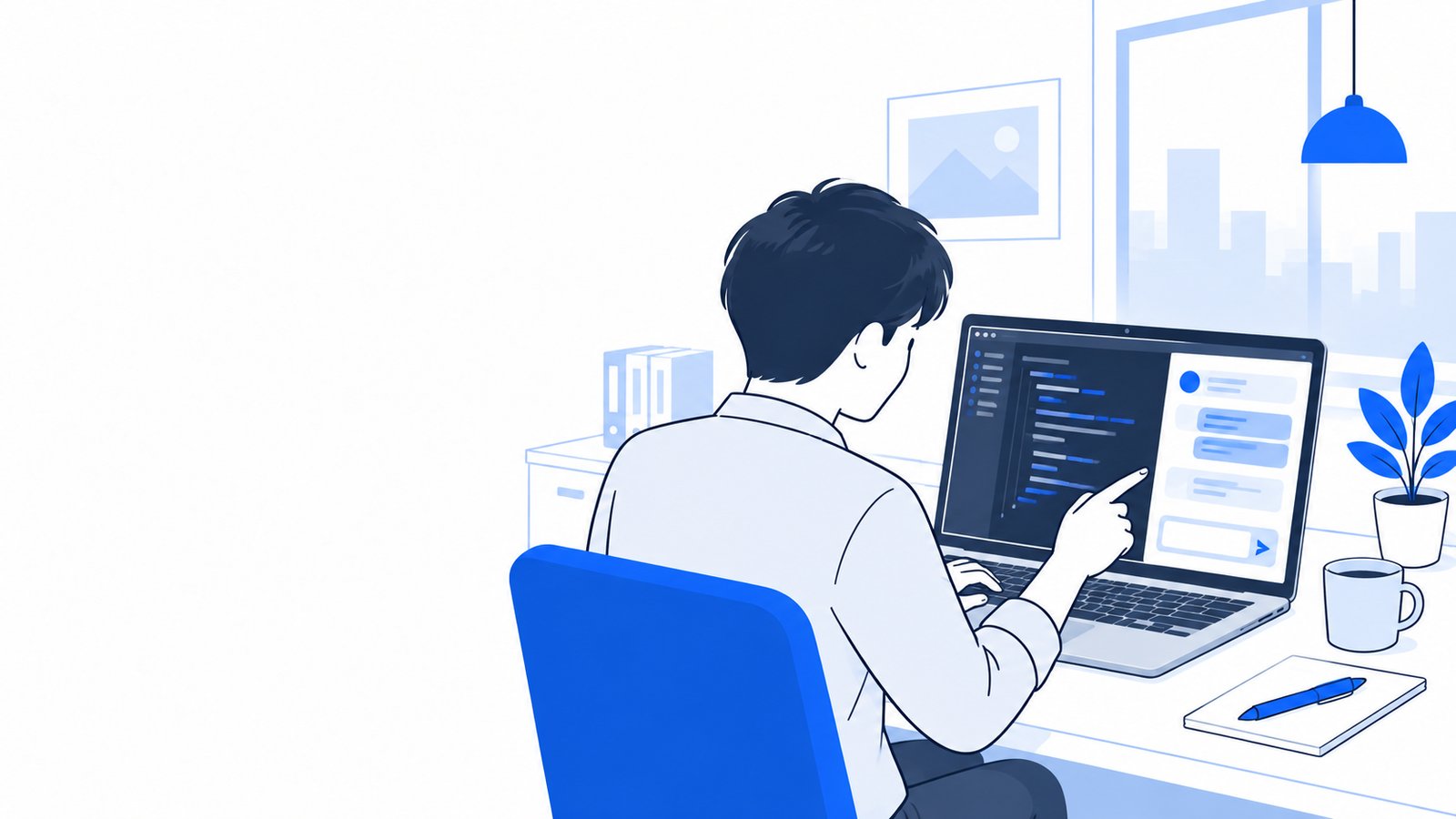 エディタの横でGitHub Copilotに作業を頼んでいる開発担当者