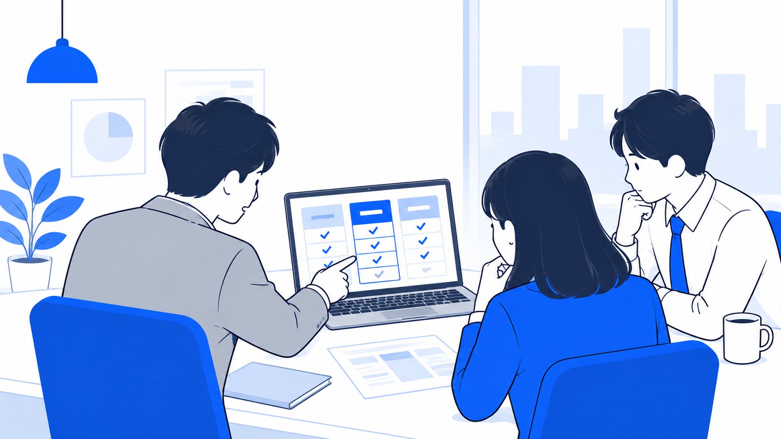 料金表を見ながら予算と使い方を相談する会社員