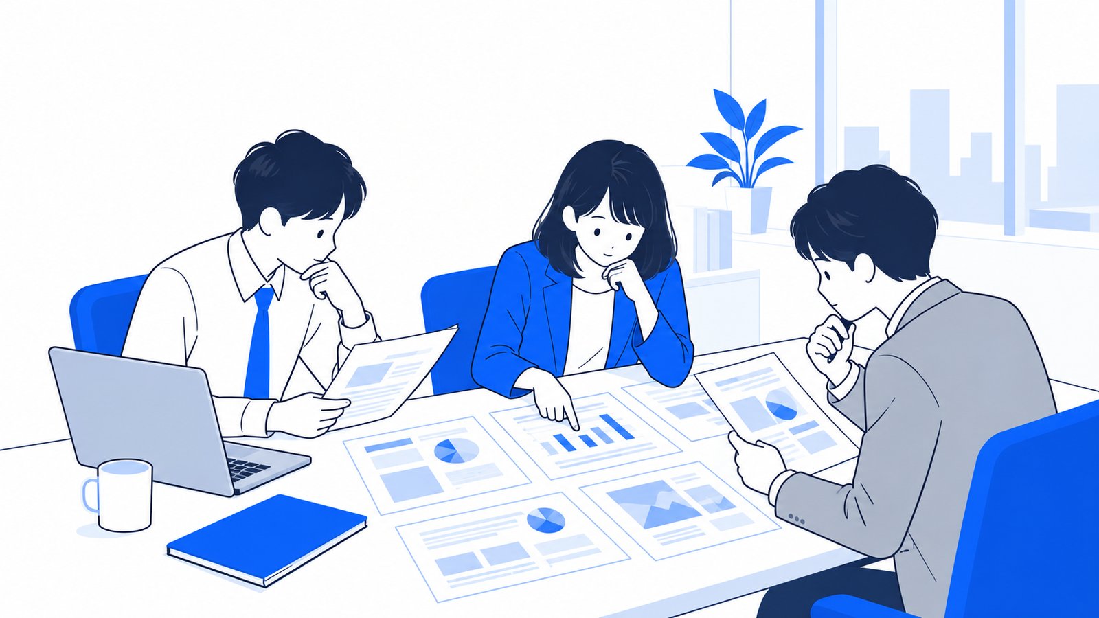 机に資料を広げ、導入事例を読み比べる会社員