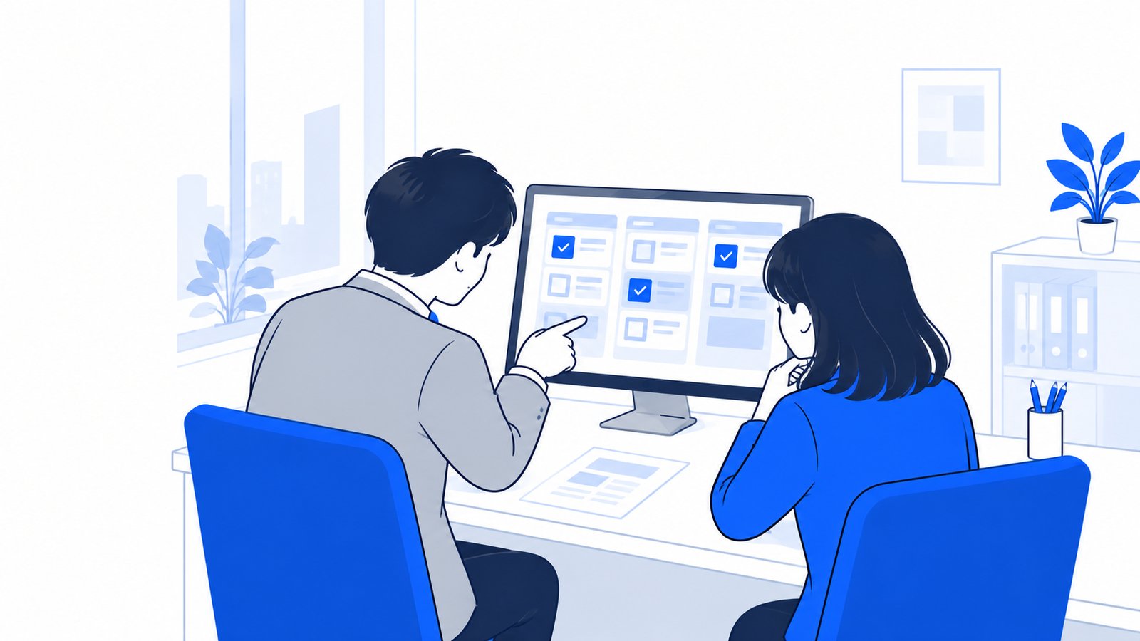 小さな事務所で、経営者と担当者が同じPCの画面を見ながら任せる仕事を相談している