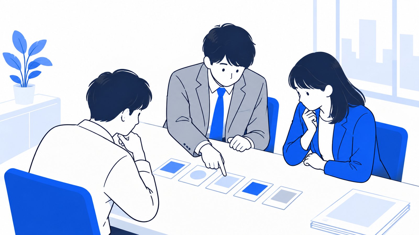 机に並べた小さなカードを見比べて、試すサービスを選んでいる会社員