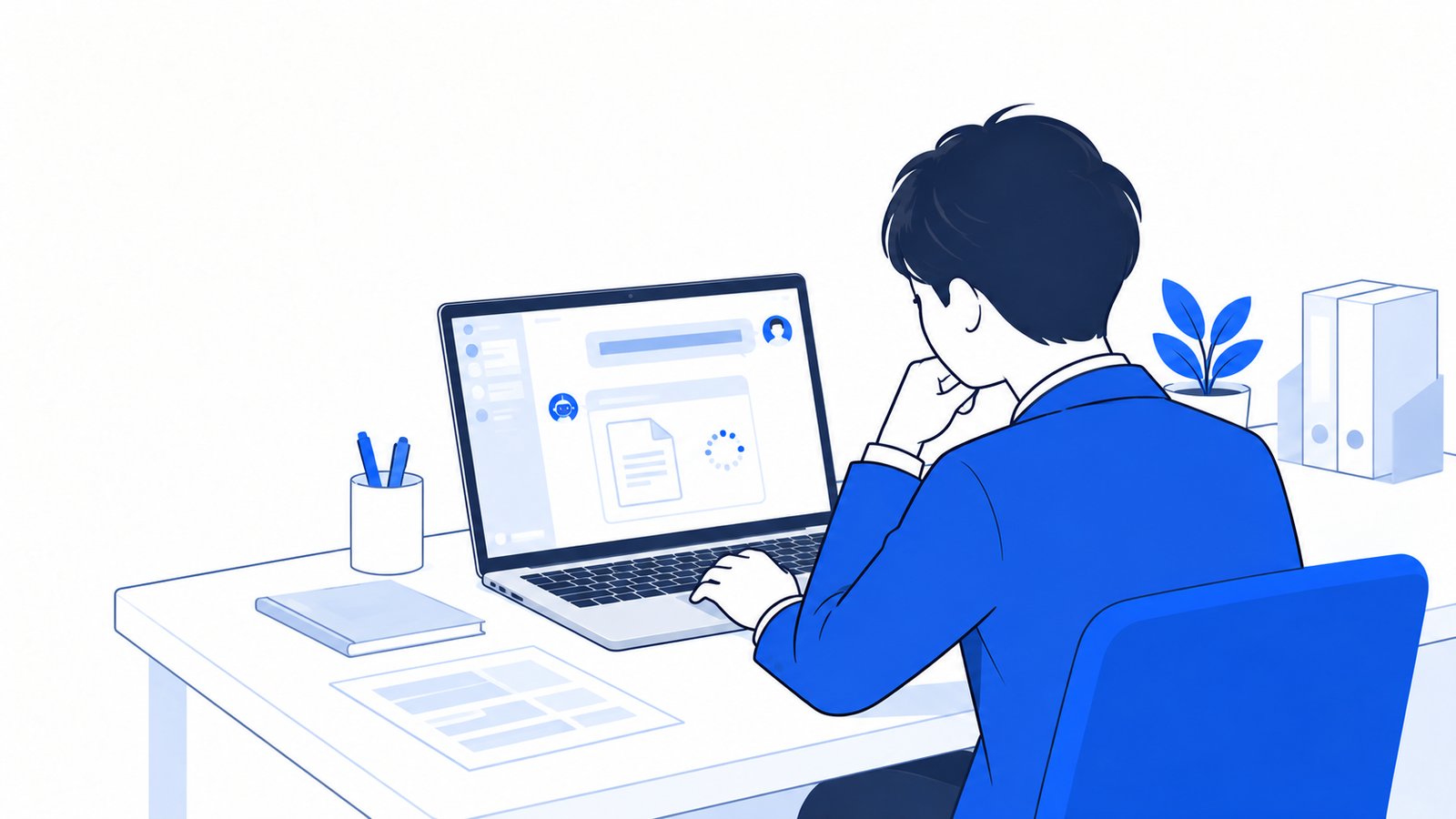 ノートPCのチャット画面に依頼を入力して、できあがる資料を待つ会社員