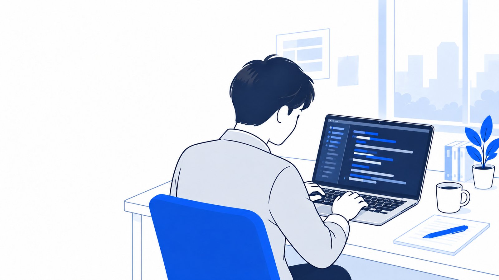 エディタの画面にプログラムが書かれていくのを、ノートPCの前で確認する担当者