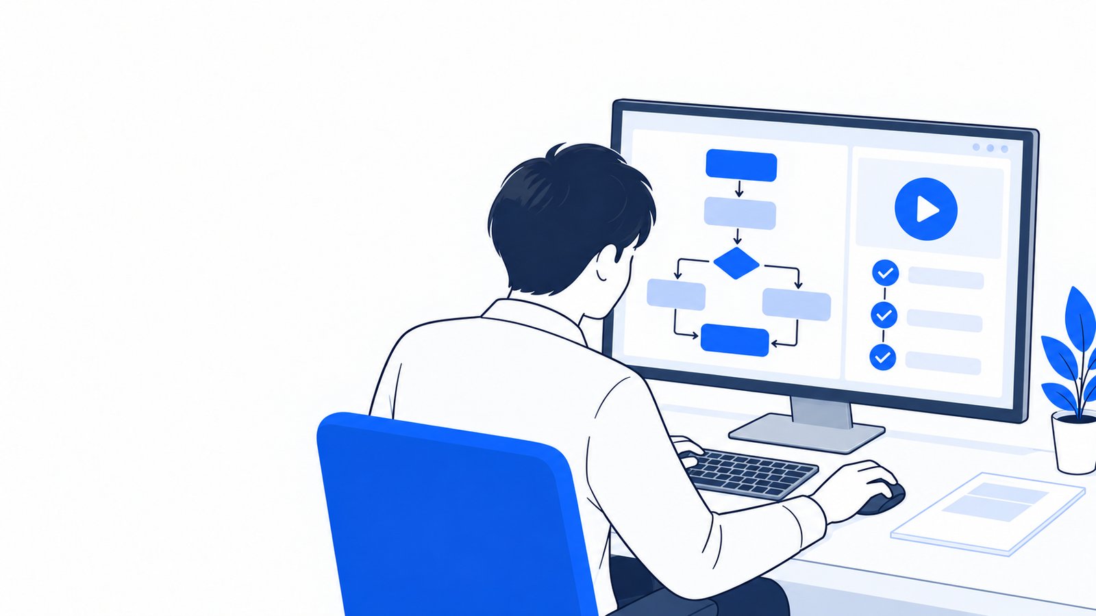ワークフローの図を画面で組み立てて、動作を確かめている担当者