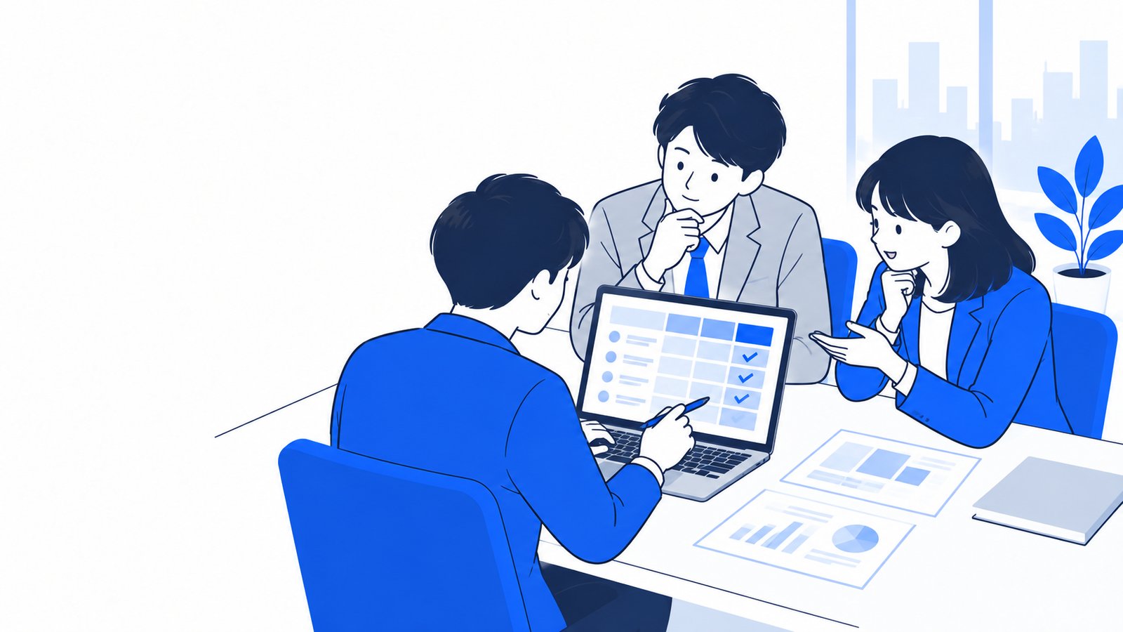 試した結果を表に書き込み、有料に進むかどうかを同僚と相談する会社員