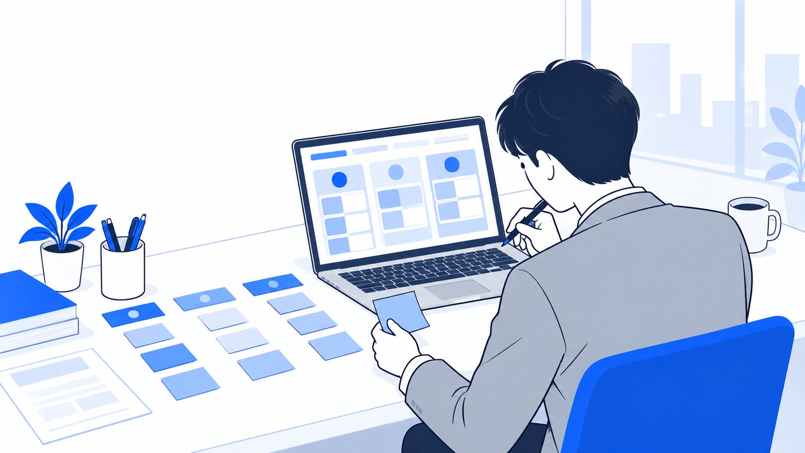 机に並べた付箋を見ながら、Geminiの機能の種類をノートPCで整理する会社員