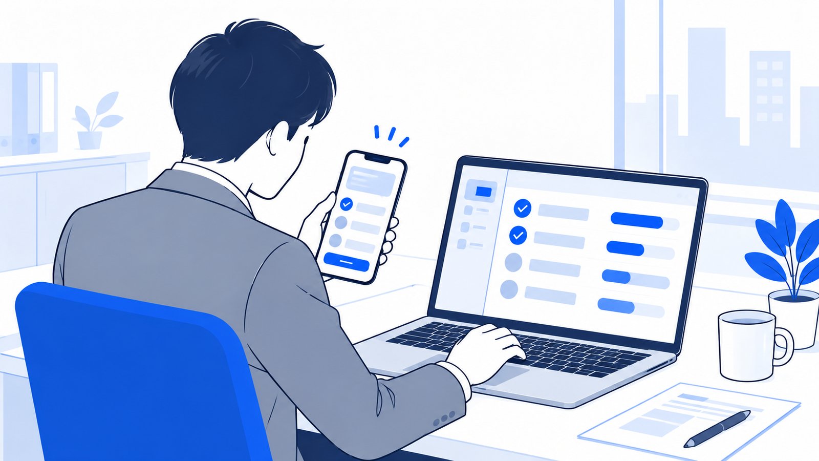 スマホとノートPCでGeminiにタスクを頼み、進み具合を確認する会社員