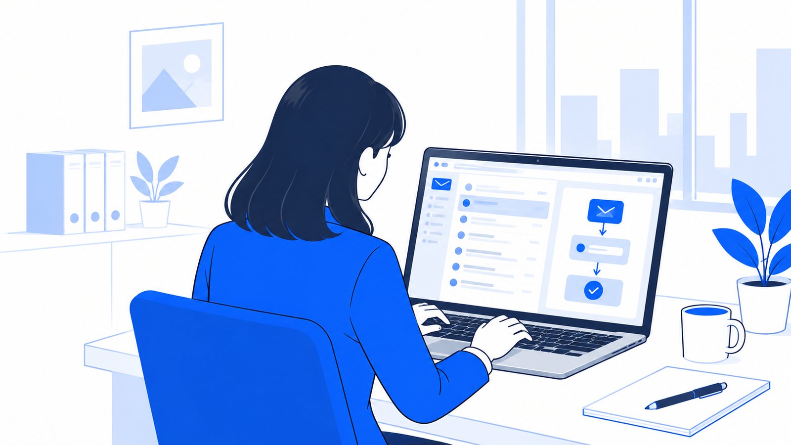 Gmailの受信箱を見ながら、自動化の流れをノートPCで組み立てる事務担当者