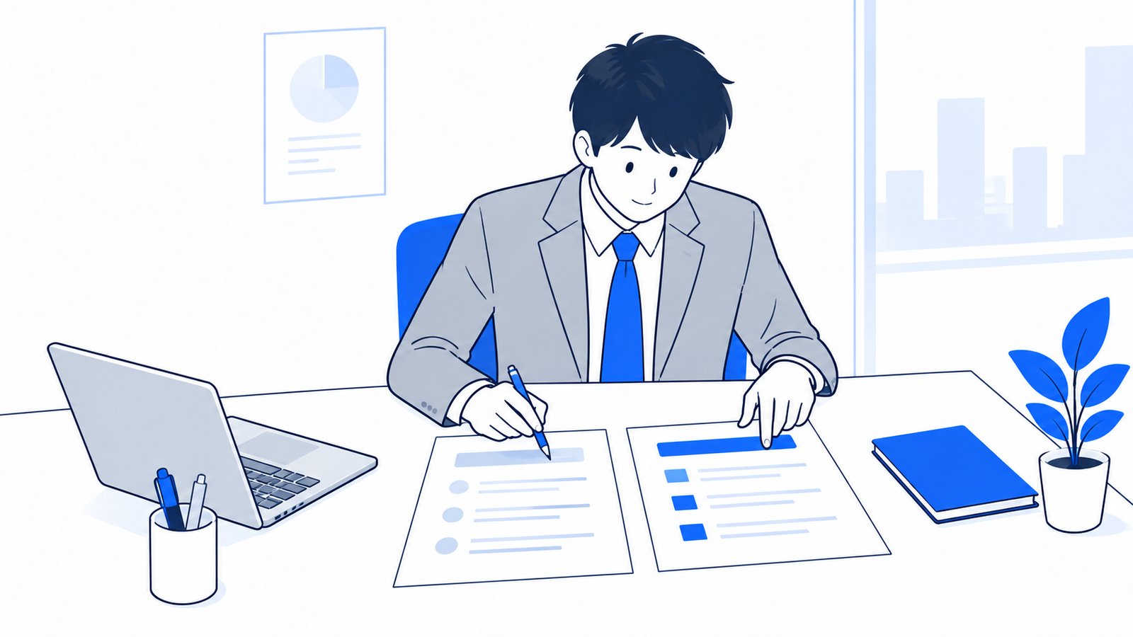 机に2枚のメモを並べて、2つの使い方の違いを書き出している会社員