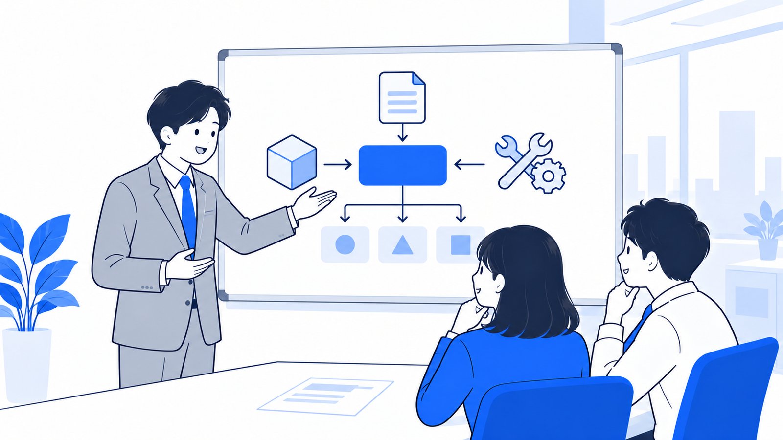 ホワイトボードにモデル・道具・指示の関係を描いて同僚に説明する社員