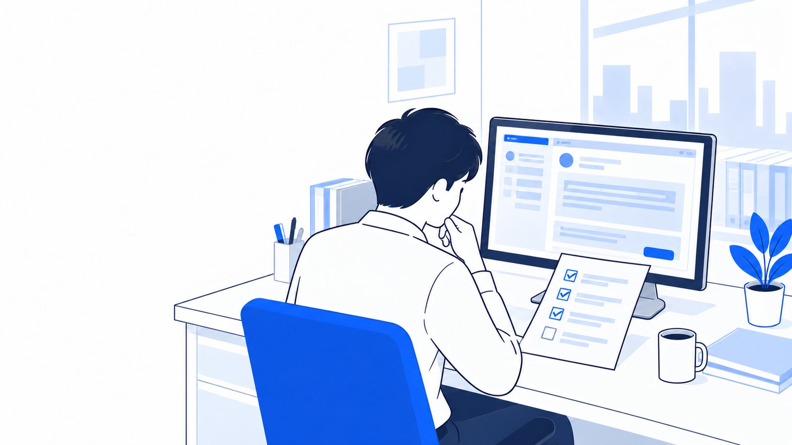 メール画面を見ながら、返信の下書きと確認する項目を見比べる担当者