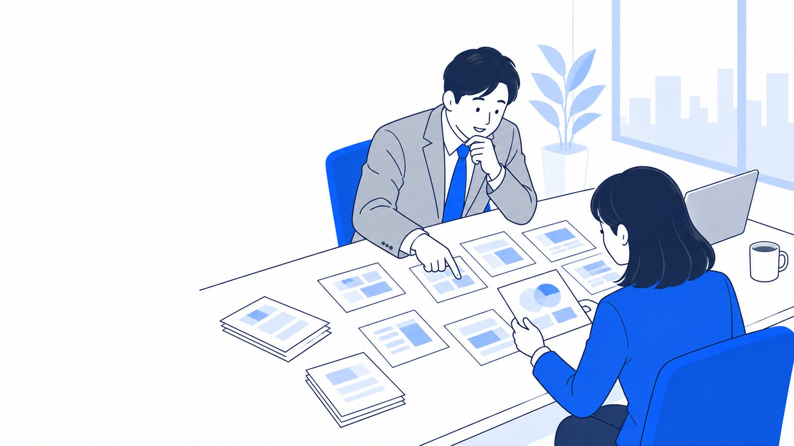 テーブルに資料を広げて、AIに任せる仕事を選ぶ経営者と担当者