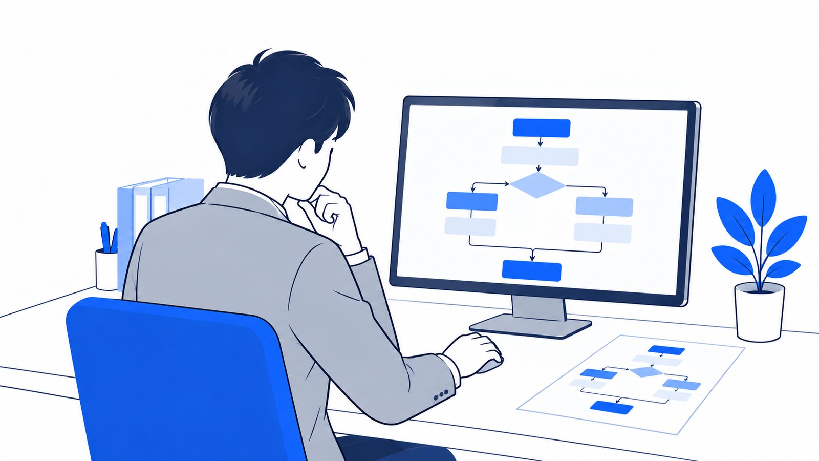 パソコンの前で業務の流れを図にして考える担当者