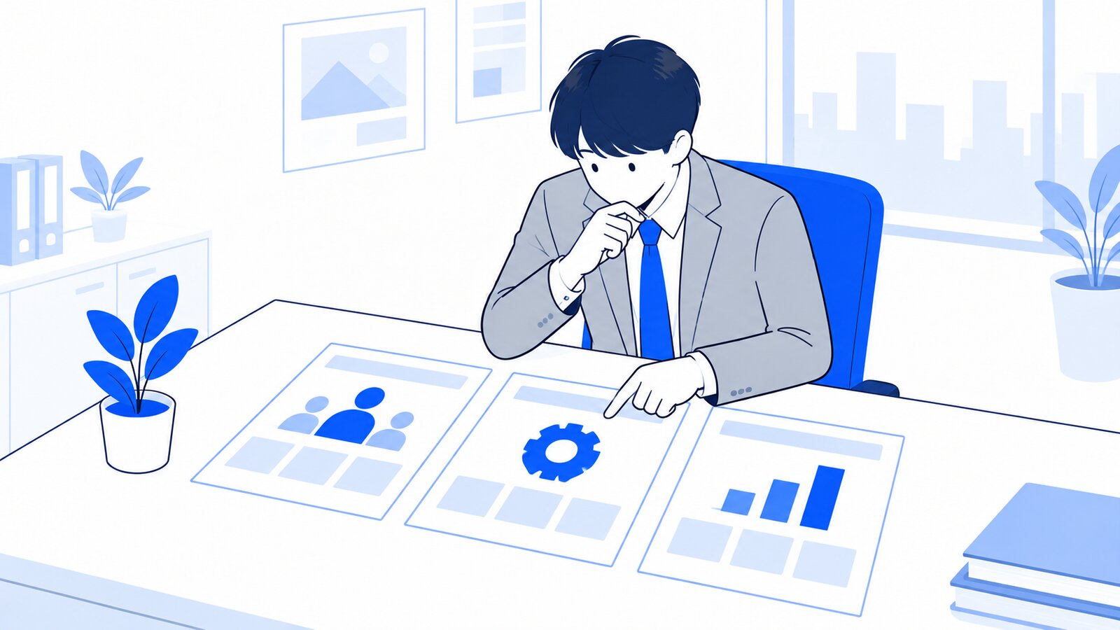 3つの方法を書いたカードを机に並べて比べる会社員