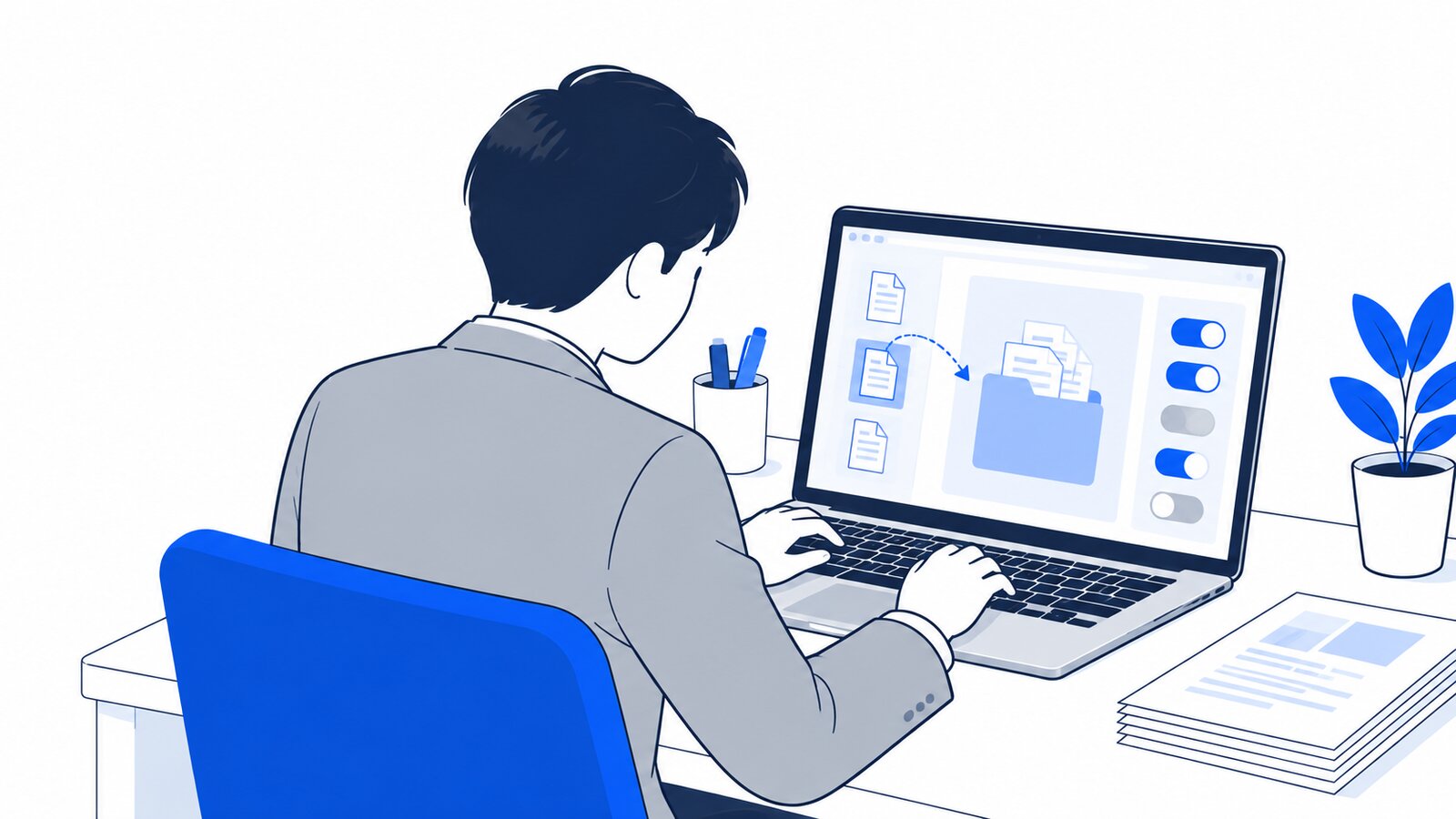 ノートPCでプロジェクトに資料を入れて設定する会社員を肩越しに見た様子